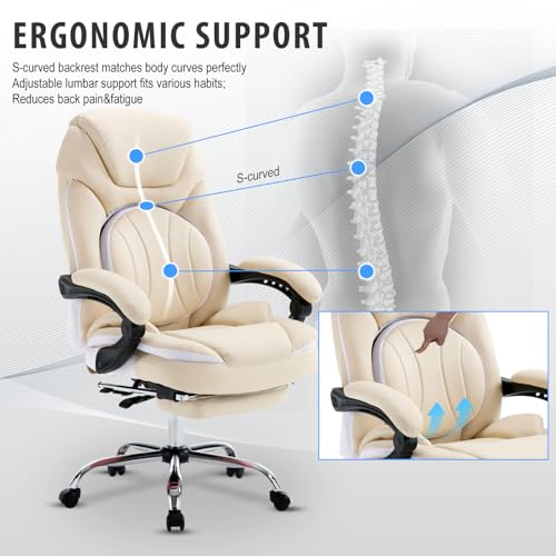 linting Ergonomic Reclining Office Chair with Footrest for Heavy People 400lbs Big Tall Comfortable Wide Recliner Home Office Desk Chair with Foot Leg Rest, Beige linting