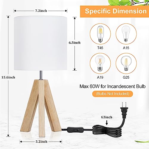 Small Beside Table Lamp, Wood Tripod Table Lamp with White Fabric Shade, Cute Boho Nightstand Lamp, Minimalist Desk Lamp for Bedroom Living Room Nursery Kids Room Office Dorm, Bulb Not Included Brightever