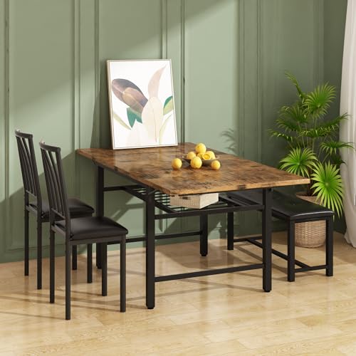 AWQM 4-Piece Faux Wood Drop Leaf Dining Table with Storage Rack, Space Saving Breakfast Nook Table Set with 2 Backrest Chairs and 1 Upholstered Bench, Kitchen Dining Table and Chairs Set for 2-4 AWQM