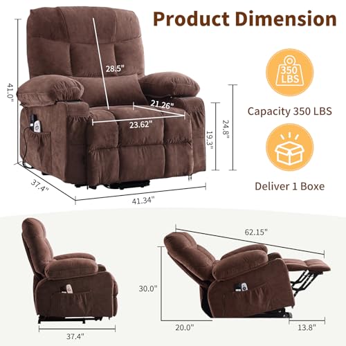 PoteSoar Power Lift Recliner Chair for Elderly with Massage and Heat, Comfortable Electric Power Reclining Chair with Side Pockets,2 Cup Holders and USB Charging Port for Living Room (Dark Brown)