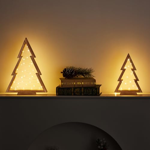 Mokof 2 Pack Wooden Tabletop Christmas Trees with Lights, Modern Christmas Decorations Indoor, Farmhouse Christmas Decor Small Tree for Table Top, Mantle, Shelf (Large-14.2 in, Small-10.2 in) Mokof