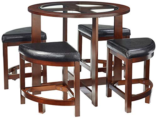 Roundhill Furniture Cylina Solid Wood Glass Top Round Dining Table with 4 Chairs Roundhill Furniture