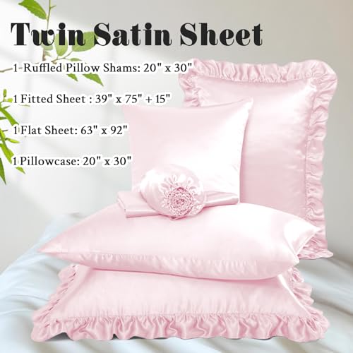 Homiest Ruffled Satin Sheets Twin Size 4pc Set - Blush Pink Bed Sheet Set with 15 Inch Deep Pocket Fitted Sheet, 1 Flat Sheet, 1 Ruffled Pillow Shams & 1 Pillowcases, Similar to Silk Sheets Homiest