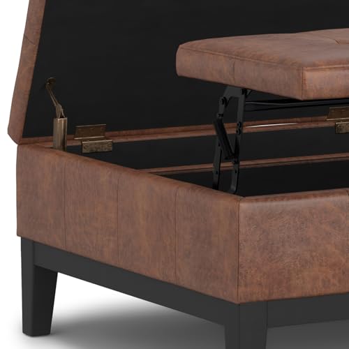SIMPLIHOME Dover 36 inch Wide Contemporary Square Lift Top Coffee Table Storage Ottoman in Distressed Saddle Brown Vegan Faux Leather, Assembled, for The Living Room, Entryway and Family Room SIMPLIHOME