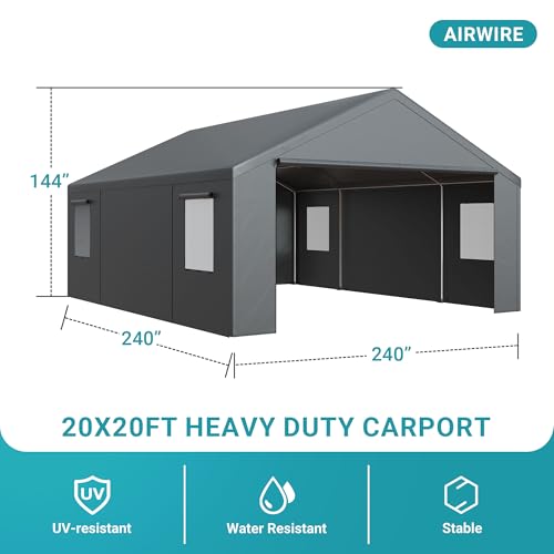 AirWire Carport, Heavy Duty Car Port 20x20 FT, Large Car Canopy with Roll-Up Windows & Side-Opening Door, Outdoor Portable Garage Reinforced Four-Hole Base for Car, Truck, Boat, Motorcycle AirWire