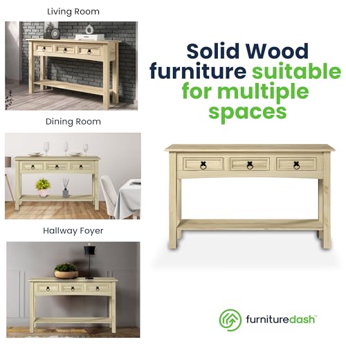 Furniture Dash Solid Wood Hall Table Console 47.9" W, 12.6" D, 28.8" H - Farmhouse Entryway Table with 3 Drawers, Office Hallway Foyer, Wooden Furniture Dash