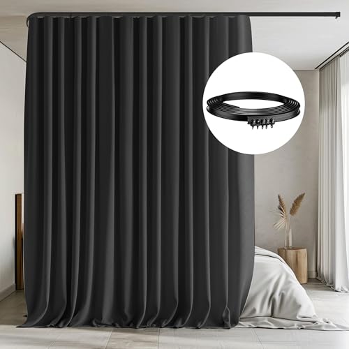 MaKefeile Room Divider Curtains with Flexible Ceiling Curtain Tracks Set,100% Blackout Floor to Ceiling Curtains Patio Sliding Door Curtains (Black Drape & Black Rail W 8.3 × H 7 FT) MaKefeile