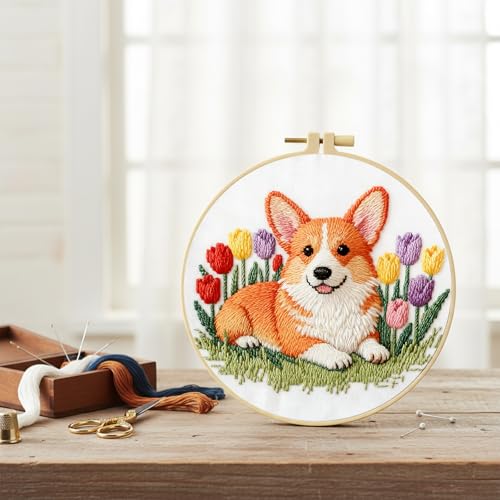 jinglinhh Embroidery Starter Kit Corgi Dog Tulip Flower for Adult Beginners, DIY Stamped Cross Stitch Kit Kit with Hoops, Threads & Embroidery Cloth, Needlework Craft Gift for Women