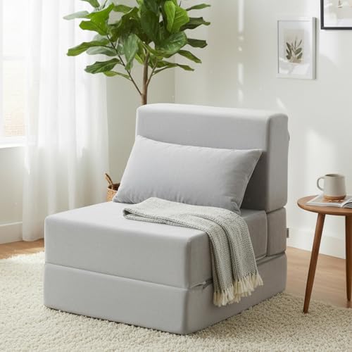 TokSay Folding Sofa Bed, Convertible Sleeper Chair with Pillow, Foldable Mattress & Back Support, Portable Floor Lounger Futon for Apartment, Dorm, Living Room, Bedroom, Grey TokSay
