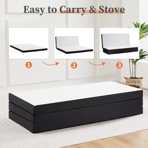 Sweetcrispy Tri-fold Memory Foam Mattress - 3 Inch Twin Size Portable Bed Pad, Foldable Floor Mat, Collapsible and Washable Cover with CertiPUR-US Certified, for Travel & Camping & Yoga Sweetcrispy