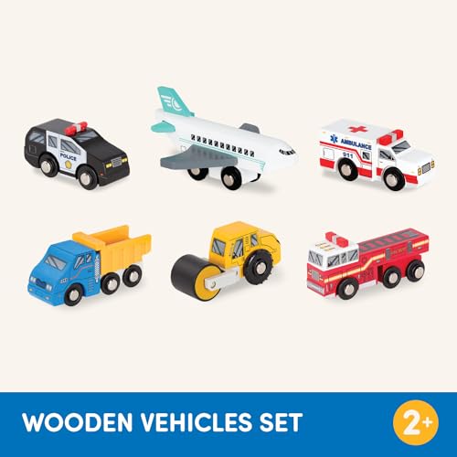 Battat – Miniature Toy Cars – 6Pcs Wooden Minis – Classic Rescue & Construction Vehicles – Steamroller, Dump Truck – 3 Years + – Wooden Vehicles Set 2 Battat