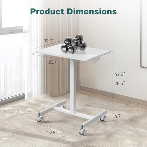 NEWBULIG Small Standing Desk Mobile Rolling Laptop PC Desk on Wheels Adjustable Height Computer Workstation Portable Modern Table for Home Office Bedroom, Modern White NEWBULIG