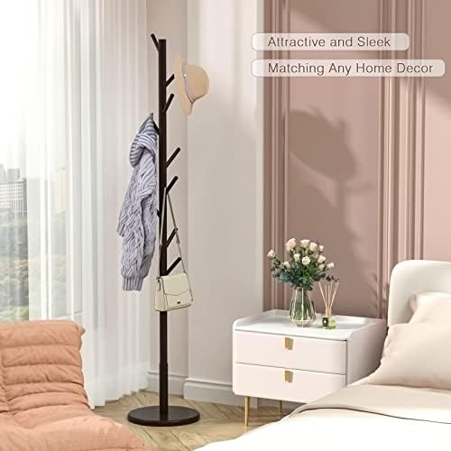 Wooden Freestanding Coat Tree with 4 Height Options and 9 Hooks, Sturdy Coat Rack Stand for Clothes/Bags/Hats,Easy Assemble Save Space for Entryway,Bedroom,Office,Narrow Place-Coffee Bamdibola