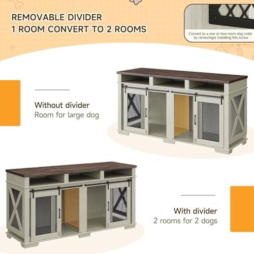 71" Dog Crate Furniture for 2 Dogs Large Double Kennel with Removable Divider, 3 Storage Drawers & Sliding Barn Door, Furniture Style Pet Crate As TV Stand for Living Room ActiveTrail