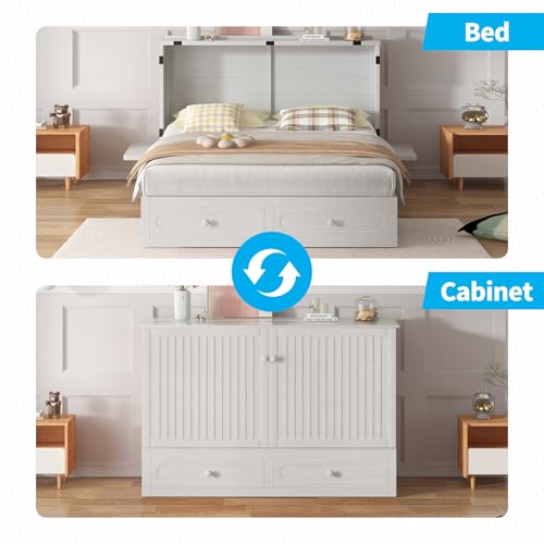 Mjkone Queen Size Murphy Bed Cabinet with Drawers and Tri-Fold Mattress, Modern Versatile Wood Chest Cabinet Wall Bed with USB Charging Station, Wooden Guest Beds for Bedroom Home Apartment - White Mjkone