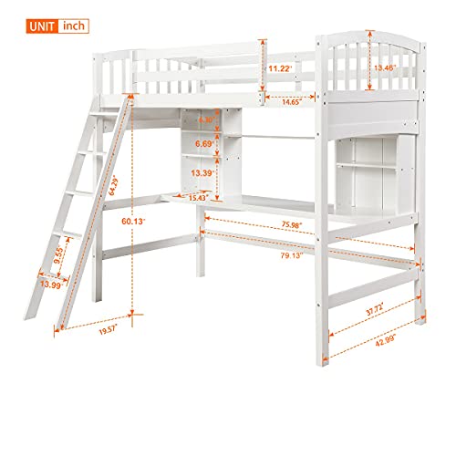 Merax Twin Loft Bed with Desk, Solid Wood Twin Size Loft Bed Frame with Shelves, White Merax