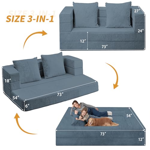 Cansunna Futon Sofa Bed with Pillow, 3-in-1 Sleeper Sofa Bed with Removable Cover, Convertible Floor Sofa Bed, No Assembly Boneless Couch for Living Room, Bedroom Cansunna