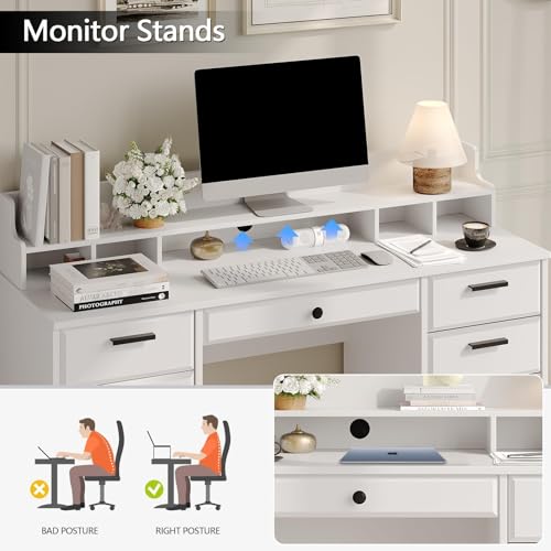 MaverickFurni Executive Desk with Hutch, 58 Inch White Computer Desk with 5 Drawers, Home Office Desk with Storage, Rustic Desk with Adjustable Shelves and Storage Cabinet for Bedroom MaverickFurni