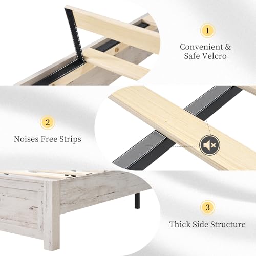 LUXOAK Distressed White Farmhouse Queen Bed Frame with 49" Tall Headboard and Hidden Metal Support LUXOAK