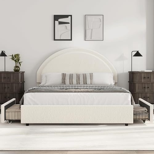 Garvee Queen Size Bed Frame with Storage Drawers, Upholstered Boucle Platform Bed with Round Headboard, Heavy Duty & Noise Free, No Box Spring Needed, Beige Garvee