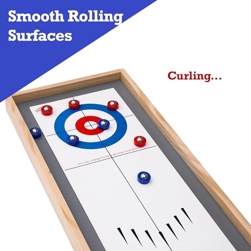 Sterling Games Tabletop Shuffleboard, Bowling and Curling 3 in 1 Combo Game Set, Two Sided Wooden Arcade Game Board with Pucks and Bowling Pins, a Table Top Game for Kids and Family STERLING