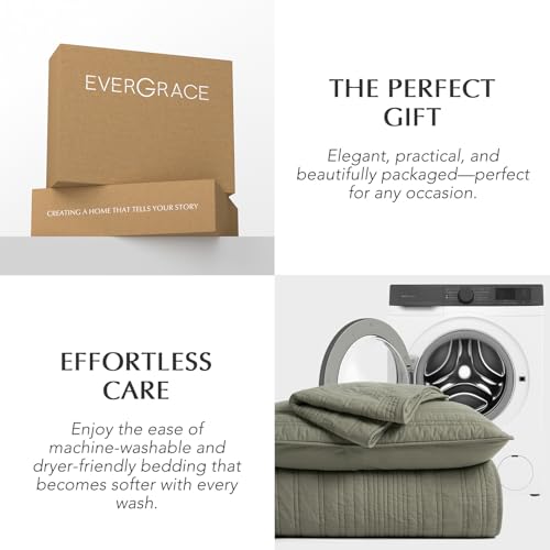 EVERGRACEHOME 100% Cotton Modern Lines Quilt Set Queen Size, Pre-Washed Soft Striped Coverlet Bedspread, 3 Piece Lightweight Bedding Set for All Season, with 2 Pillow Shams, Olive Green EVERGRACEHOME