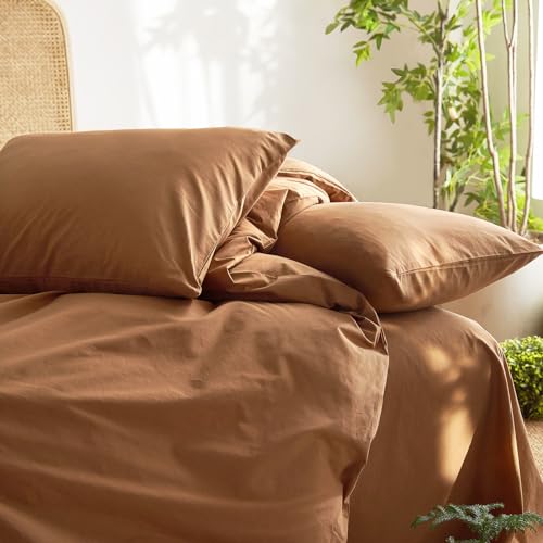 Wake In Cloud - Cotton Duvet Cover Set, Queen Size, Caramel Terracotta, 100% Washed Cotton, Linen Like Textured, Breathable Percale Durable Comfy Farmhouse Neutral Bedding Set, 3 Pieces Wake In Cloud