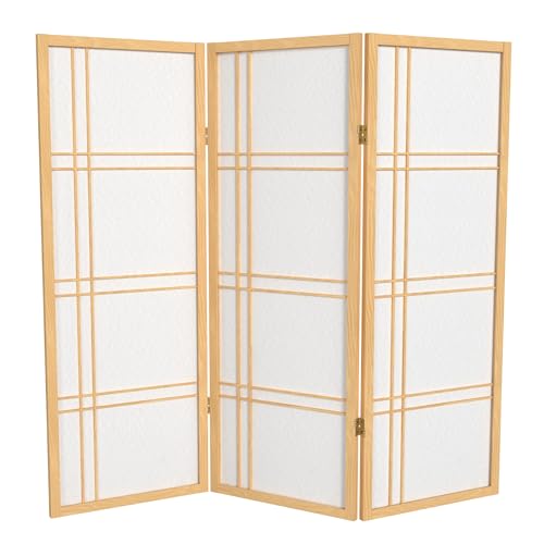 4 ft. Short Double Cross Shoji Screen - Natural - 3 Panels Red Lantern