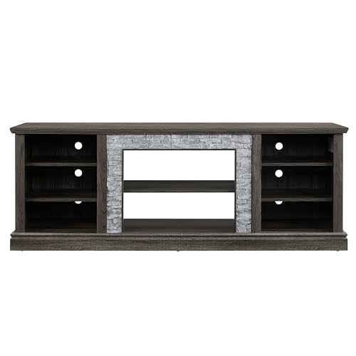 Jenvor TV Stand Large 75 Inch Media Console Table with Faux Stacked Stone Surround, Large Storage Cabinet, 6 Cable Cutouts, Adjustable Shelves, Grey 70.12" W x 15.35" D x 25.83" H Jenvor