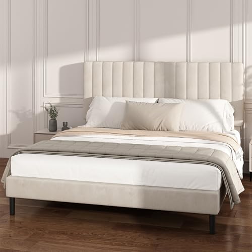 Mxhtcewz King Size Platform Bed Frame with Vertical Channel Tufted Headboard, No Box Spring Needed, Noise-Free, Easy Assembly, Beige Velvet Mxhtcewz