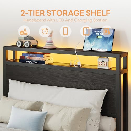 LIKIMIO Twin Bed Frame, with 2-Tier Shelves & Charging Station & LED Light, DIY Layout Storage Drawers, Suitable for Teen Rooms, Small Apartments & Bedrooms, Gray Black LIKIMIO