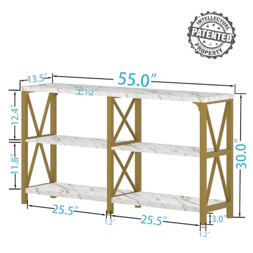 IBF Modern 3 Tier Entryway Table, Industrial Metal Wood TV Console Table with Storage Shelves, Farmhouse White Faux Marble and Gold Sofa Accent Table for Hallway Entry Way Foyer Living Room, 55 Inch IBF