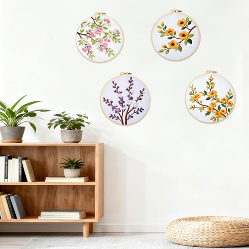 INFUNLY 4 Pack Seasons Flowers Embroidery Starter Kit for Beginners Branches Leaves DIY Embroidery Kits for Adults Stamped Needlepoint Set with Step-by-Step Instructions Threads Craft Lover Gift
