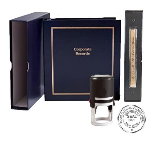 Corporate Kit (Black) - Binder, Slipcase, Minutes & Bylaws, Stock Certificates, Index Tabs & Black R-542 Self-Inking Corprate Seal Stamp Hubco