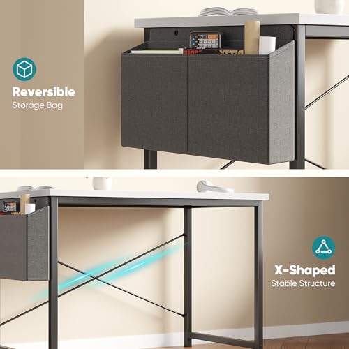 OLIXIS Computer Desk 44 Inch Home Office Desks for Small Spaces, Gaming Writing Study Work Table with Storage Bag for Bedroom, White OLIXIS
