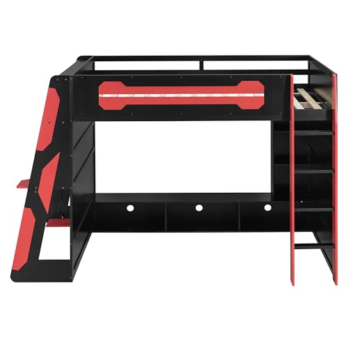 HZXINKEDZSW Full Size Wood Gaming Loft Bed with Desk, Multi-Storage Shelves and Light Strip, Modern Esports Style Bed Frame for Boys Girls Teens Bedroom Apartment Dormitory (Black+Red, Full) HZXINKEDZSW