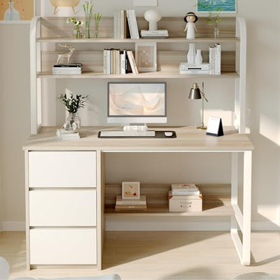 MaverickFurni 60 Inch Desk with Drawers, Computer Desk with Hutch for Bedroom, Study Writing Desk with Shelves for Small Spaces, Adjustable Feet (White and Walnut)