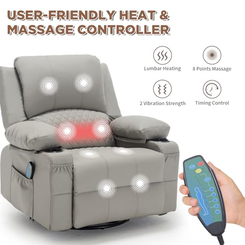 linting Faux Leather Recliner Chair with Heat and Massage Cup Holder, Overstuffed Swivel Rocker Recliner Chair Rocking Glider Chair, Light Grey
