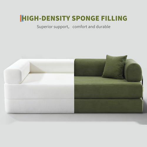IDEALHOUSE 4 in 1 Convertible Sleeper Sofa Bed Couch, 79 Inch Boneless Corduroy Floor Couch with Pillows, No Assembly, Modern Deep Seat Sofa Futon Mattress for Living Room,Apartment,Green IDEALHOUSE