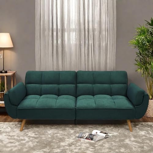 Trygoal Convertible Futon Sofa Bed, Modern Futon Couch with 2 Pillows, Small Futons Couch with Adjustable Armrest & Backrest, Loveseat Sofa Bed for Living Room, Bedroom, Green Trygoal