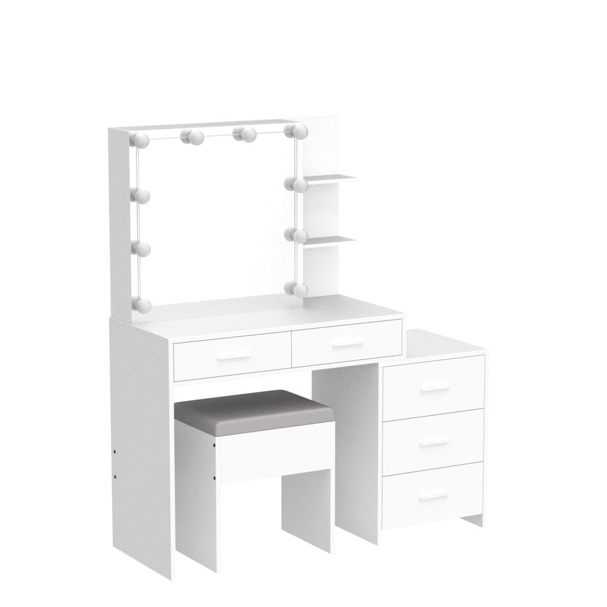 Karl home Lighted Vanity Desk with Sliding Mirror White Makeup Table with 5 Drawers, Storage Shelves, Cushioned Stool, LED Dressing Table Set for Women Karl home