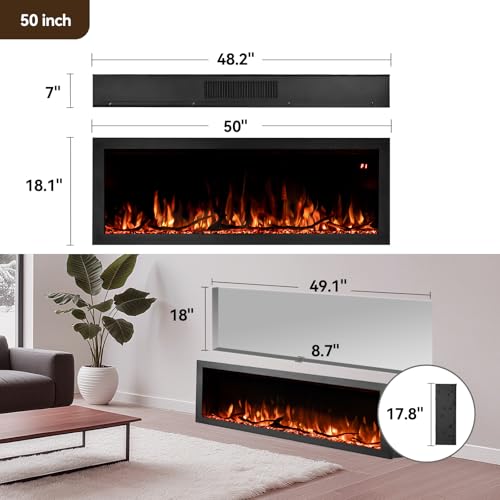 Tuan 50 Inch Linear Electric Fireplace, with Smart App Control, Wall Mount or in-Wall Recessed Fireplace Insert, 9 Hour Timer, 13 Color Changing Flames & Embers,750W/1500W Indoor Heater TUAN