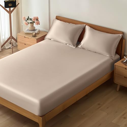 VACVELT 3-Piece Satin Fitted Sheet Set Queen Size, Beige Bottom Bed Sheet with 2 Pillowcases, Similar to Silk Sheets, Luxury & Silky Bedding Set, 15 Inch Deep Pocket VACVELT