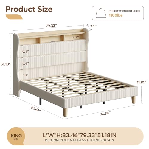 Bestier King Size Upholstered Wingback Bed Frame with 51” High Headboard Corduroy Fabric RGB LED Lights, Charging Station Dual Storage Shelves Modern Off White Platform Bed No Box Spring Needed Bestier