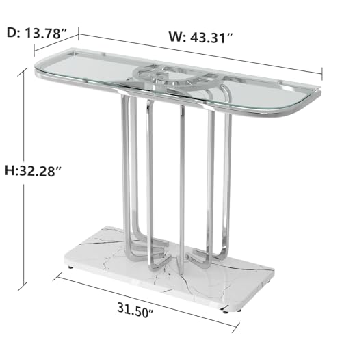 O&K FURNITURE 43" Modern Glass Console Table with Curved Chrome Frame & Faux Marble Base, Silver Narrow Sofa Table for Entryway, Living Room, Hallway, Home Office O&K FURNITURE