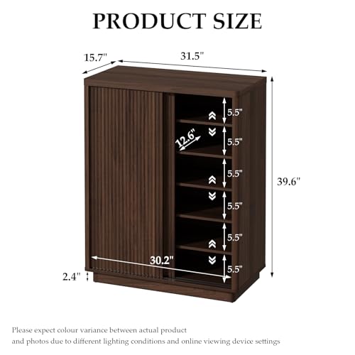 WINWY Fluted Shoe Cabinet with Sliding Door, 6-Tier Large Hidden Storage Organizer Modern Shoe Rack with Adjustable Shelves, Mid Century Freestanding Wooden Shoe Storage Cabinet for Entryway,Walnut WINWY