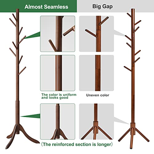 kiplant Bamboo Wood Coat Rack Stand, Freestanding Coat Tree with 8 Hooks, Hallway Entryway Hat Hanger Organizer Standing for Bedroom, Office, Clothes, Jackets, Bags, Umbrallas kiplant