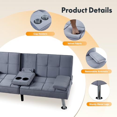 FLEXISPOT XCT3 Futon Sofa Bed with USB & Type-C Charging Port, Convertible Sleeper Couch with Adjustable Backrest, Folding Loveseat for Small Space, Living Room, Guest Room, Apartment (Velvet, Gray) FLEXISPOT
