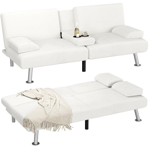 Homall Futon Sofa Bed, Futon Couch with Removable Armrests, Adjustable Recliner Sleeper Sofa Bed with Dual Cup Holders for Living Room, Apartment, Office (Corduroy, White) Homall
