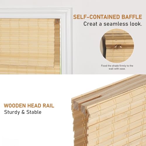 SEEYE Cordless Natural Bamboo Roman Shades - 95% Blackout Privacy Blinds for Home and Office, 30" W x 64" H SEEYE